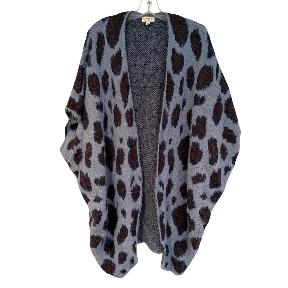 Umgee Leopard Fuzzy Sleeveless Cardigan Women's Large Blue Brown Boho Hippie Y2K